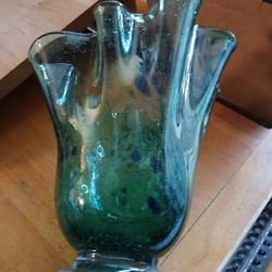Hand Blown Green Blue Art Glass Vase 
