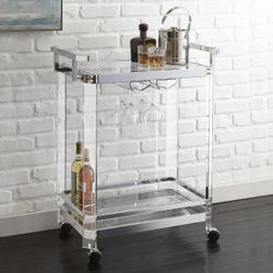 Modern 2-Tier Silver Metal Glass Clear Rolling Kitchen Bar Cart With Wheels | Shelves | 2 Tier | Storage