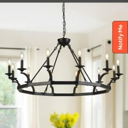 brfaixla 43'' Wagon Wheel Chandelier 12 Lights Industrial Black Metal Ceiling Pendant Chandelier Rustic Hanging Lights Adjustable for Kitchen, Living 