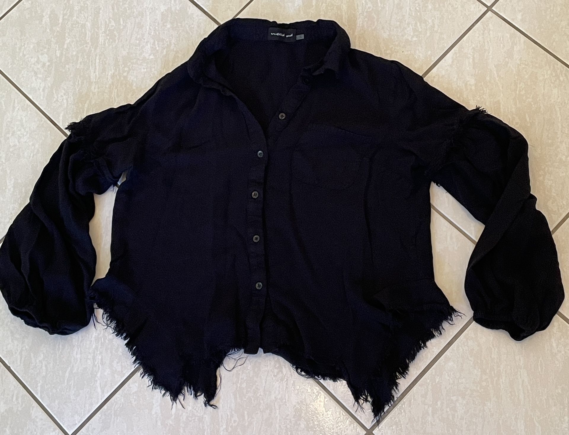 Mustard Seed Long Sleeve Black Fringe Button Up women’s Large Shirt 