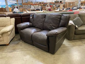 Worn Brown Leather Double Manual Recliner Loveseat
