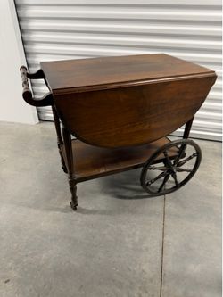 1920’s Antique Mahogany Drop Leaf Tea Cart – 360° Turning Wheels – Vintage Serving Trolley