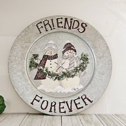 12.5" Metal Decorative Hand Painted Plate Friends Forever Snowmen Motif Design Handmade Signed T. Paff 22'. Serving Tray.

Pre-owned in excellent clea