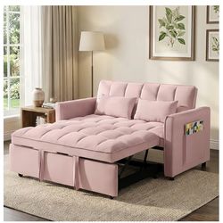 3-in-1 Convertible Sofa Bed, 55'' Pull Out Couch Bed with Adjustable Backrest, Velvet Fabric Sleeper Loveseat Sofa with Side Pocket, Perfect for Livin