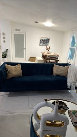 Navy Blue Velvet Channel Tufted Sofa