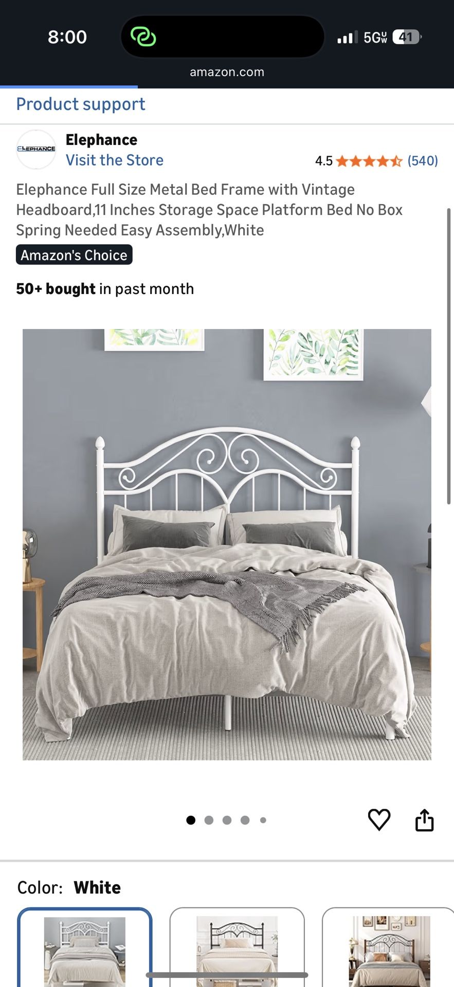 Full Size White Iron Bed Frame / Headboard