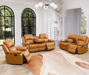 Carmel leather fully reclining three piece couch set