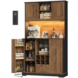 Homfa 71.3'' Kitchen Pantry Storage Cabinet with Charging Station, LED Light Kitchen Hutch Cabinet with Doors and Shelves and Wine Holder, Black & Oak