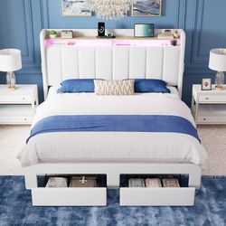Full Size Bed Frame with 2-Tier Storage Headboard & 2 Large Drawers Velvet Upholstered Full Platform Bed Frame with LED Lights, Built-in Charging Stat