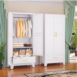 Metal Armoire Wardrobe Closet Cabinet with 2 Doors and Drawer, 71" Household Wardrobe Cabinet with Hanging Rod, Clothing Storage Cabinet with Adjustab