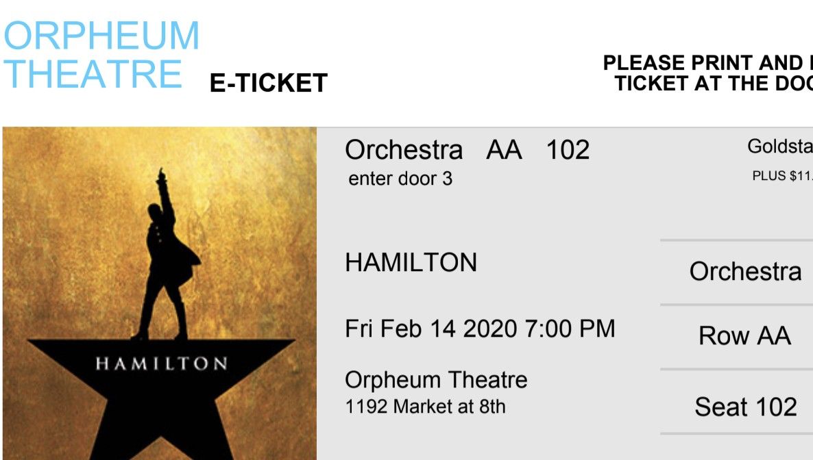 2 tickets Hamilton tonight 2/14 at 7pm