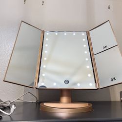 Trifold Vanity Mirror with Lights, Lighted Makeup Mirror 2X/3X Magnification, 21 LED Touch Dimming, Dual Power 180° Rotation Lit Beauty Table Mirror, 