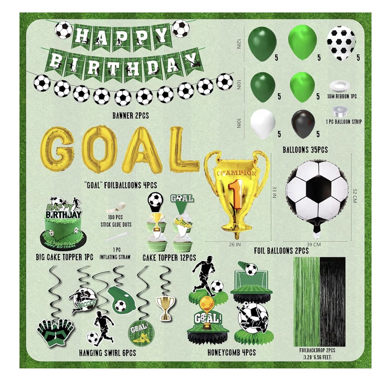 Soccer birthday Party Decorations, Soccer Birthday Party Supplies Kit, Include Sport Themed Birthday banner, Foil Fringe,Hanging Swirls, Soccer Balloo