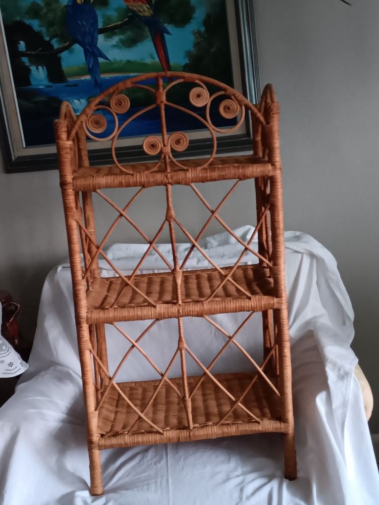 70s Boho Wicker Shelves Shelf Unit Standing Three Tier Decorative Display