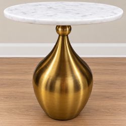 Solid Marble Round Top with Elegant Gold Base Accent End Table: NEW - 18” diameter x 23”h