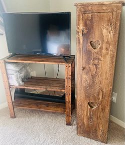 2 pieces- TV stand plus a slim tall 4 drawer solid wood fresser