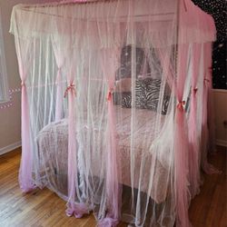 Onenusyon Silver Full/Queen Canopy Frame With Pink And White Bed Netting