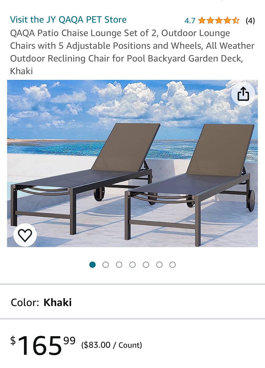 QAQA Patio Chaise Lounge Set of 2, Outdoor Lounge Chairs with 5 Adjustable Positions and Wheels, All Weather Outdoor Reclining Chair for Pool Backyard