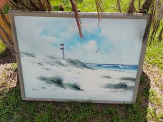 Framed Coastal Lighthouse Oil Painting