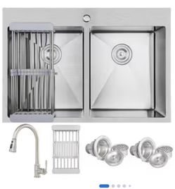 AKDY Drop-in 33-in x 22-in Stainless steel Double equal bowl Kitchen Sink All-in-One Kit