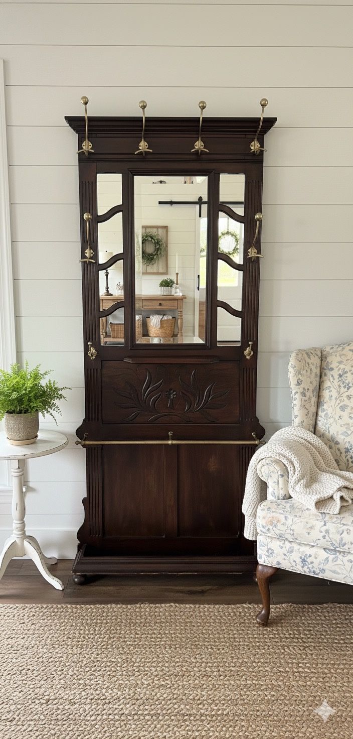 Antique Carved Hall Tree w/ Mirror & Brass Hooks