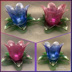 STUDIO NOVA Blue & Purple “Tulip Glow” 8 Inch Art Glass Votive Candle Holder Pair—Made in Italy