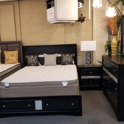 Brand New Black Queen Storage Bedframe + Dresser + Mirror + Nightstand 4PCs Bedroom Set 