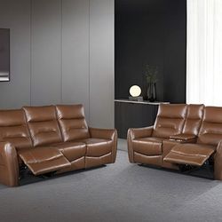 Brand New Caramel Brown Leather Power Reclining Sofa & Loveseat