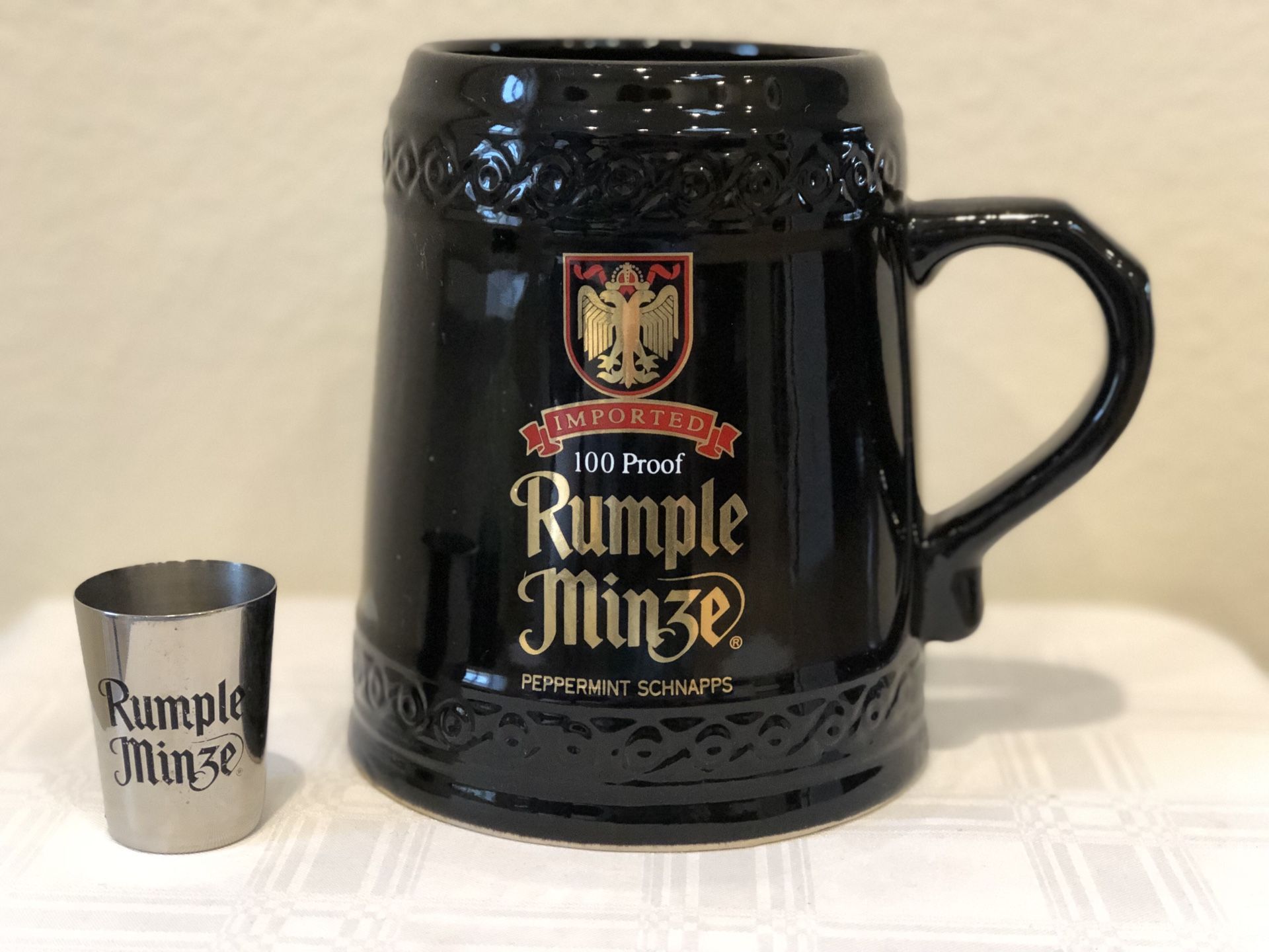 Vintage Rumple Minze Large Stein & Stainless Shot Glass Bar Decor for