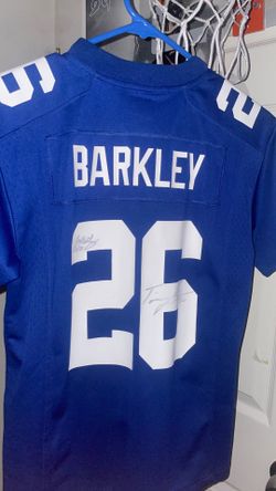 Saquon Barkley jersey autographed by John Michael Schmitz, and Deontae banks
