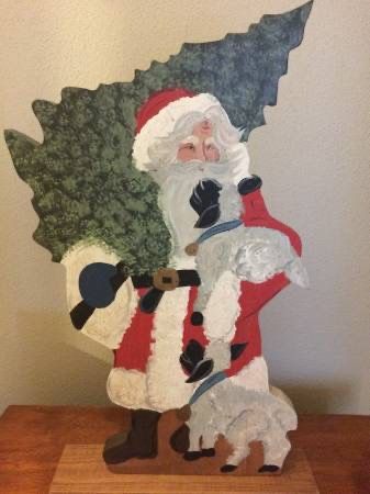 Hand Painted Lg Wood 16" Tall Santa Carrying Christmas Tree w/ 2 Lambs