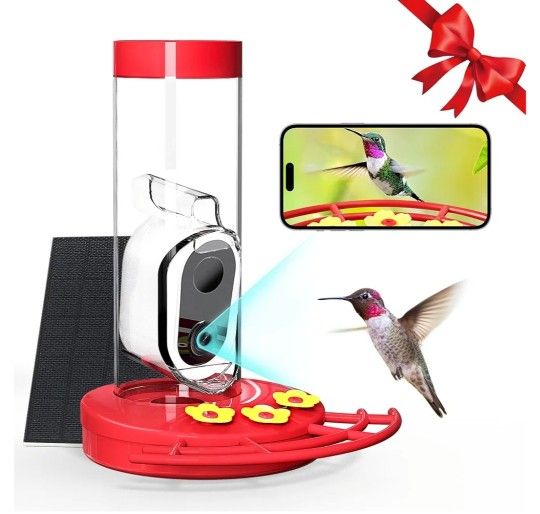 Hummingbird Feeder with Camera Solar Powered, AI Identify Cloud Storage Instant Notification, CCPA Data Protection, Outdoor Hanging, Idea Gift for Fam