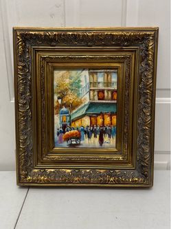 Signed Louis Parisian Street Scene Oil Painting in Ornate Gold Frame