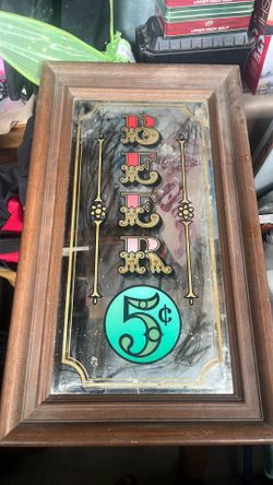Vintage Beer 5 Cents Mirror Advertising Sign in Wood Frame