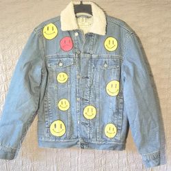 xS Faux Shearling Lined Mens Emoji Smiley Faces 1 Red Sad Face H&M Denim Jacket
