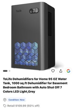 ToLife Dehumidifiers for Home 95 OZ Water Tank, 1000 sq.ft