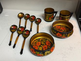 Vintage Russian Khokhloma Wooden Dinnerware Set – 11 Piece USSR Folk Art