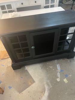 *Check both photos* Black/Gold Wood TV Stand with Ratten Mesh Doors