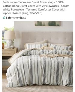 Bedsure Waffle Weave Duvet Cover King - 100% Cotton Boho Duvet Cover with 2 Pillowcases - Cream White PureWoven Textured Comforter Cover with Zipper C