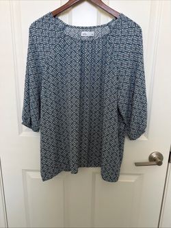 Croft & Barrow Womens Printed Blue Chic Tile 3/4 Sleeve Top L