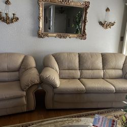 Taupe/Beige Leather Sofa and Loveseat