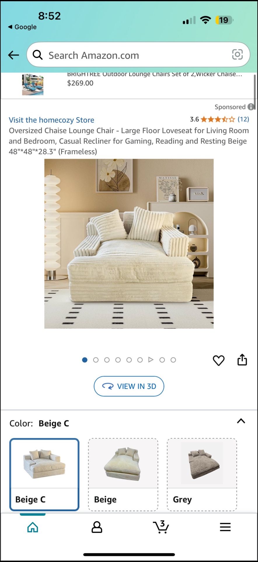 Oversized Chaise Lounge Chair - Large Floor Loveseat for Living Room and Bedroom, Casual Recliner for Gaming, Reading and Resting Beige