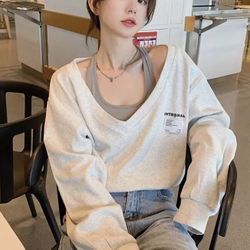 Sweatshirt gray v-neck top off shoulder tank sporty y2k streetwear hip hop
