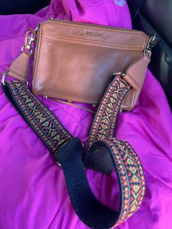 Brown Leather Crossbody Bag with Patterned Strap