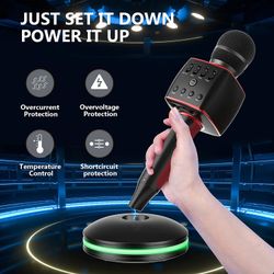 Wireless Karaoke Microphone, Bluetooth 5.0 Karaoke Rechargeable Mic Set with Dual Powerful Speakers, Charging Base, Box(Black)