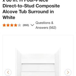 NexTile 60 in. W x 30 in. D x 60 in. H Four-Piece Direct-to-Stud Composite Alcove Tub Surround in White