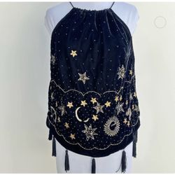 ✨ NWT Q&A Black Velvet Celestial Embroidered Top – 