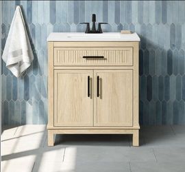 #4785 Riley 30 in. Single Sink Freestanding Light Birch Bath Vanity with White Engineered Stone Top