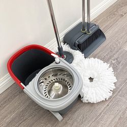 (NEW) $35 Combo Set Broom Dustpan & Spin Mop Wheels Extended Handle with 2pc Microfiber Mop Heads
