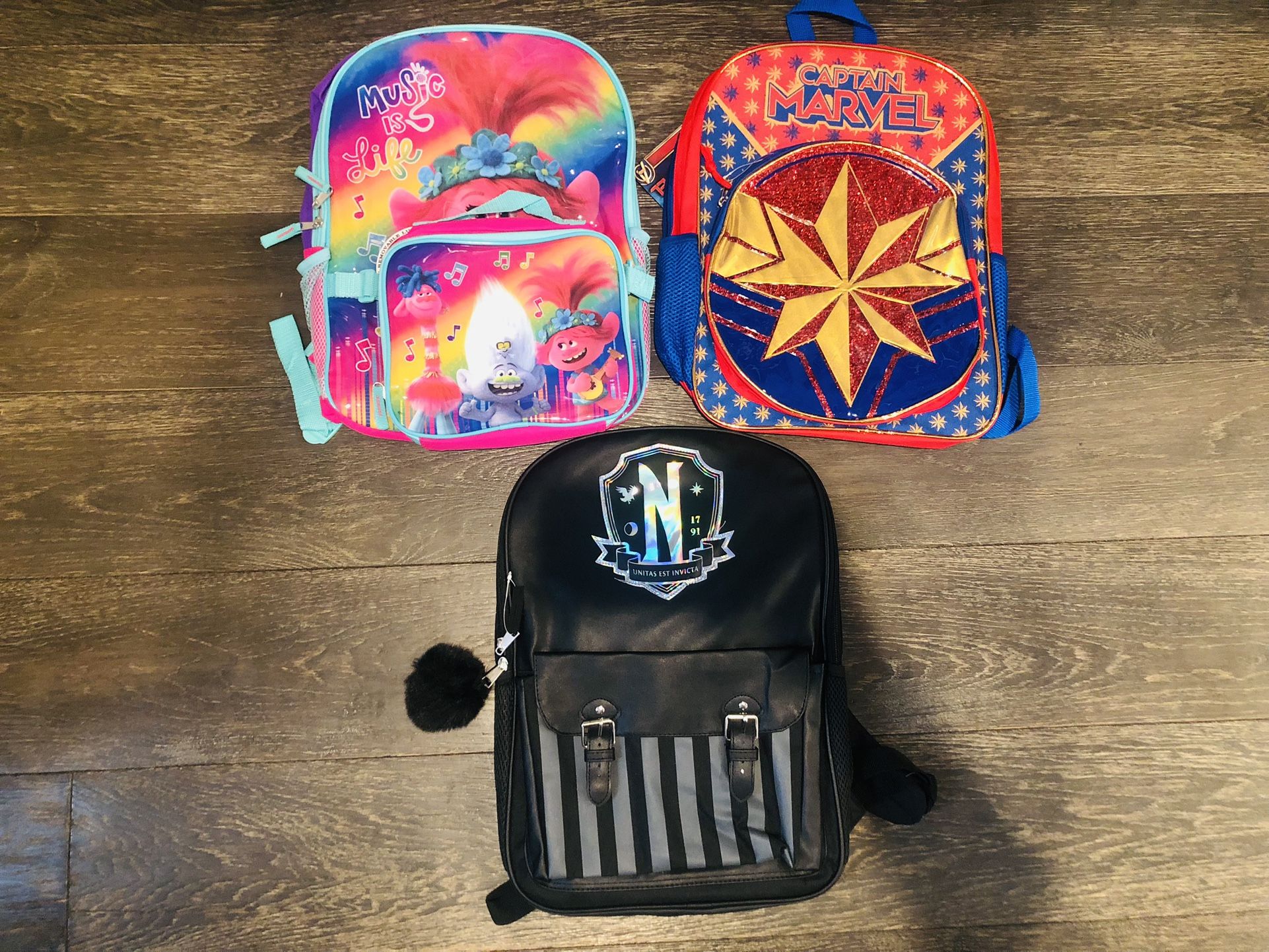 Trolls Backpack With Lunch Bag, Wednesday, Marvel Captain School Backpack 